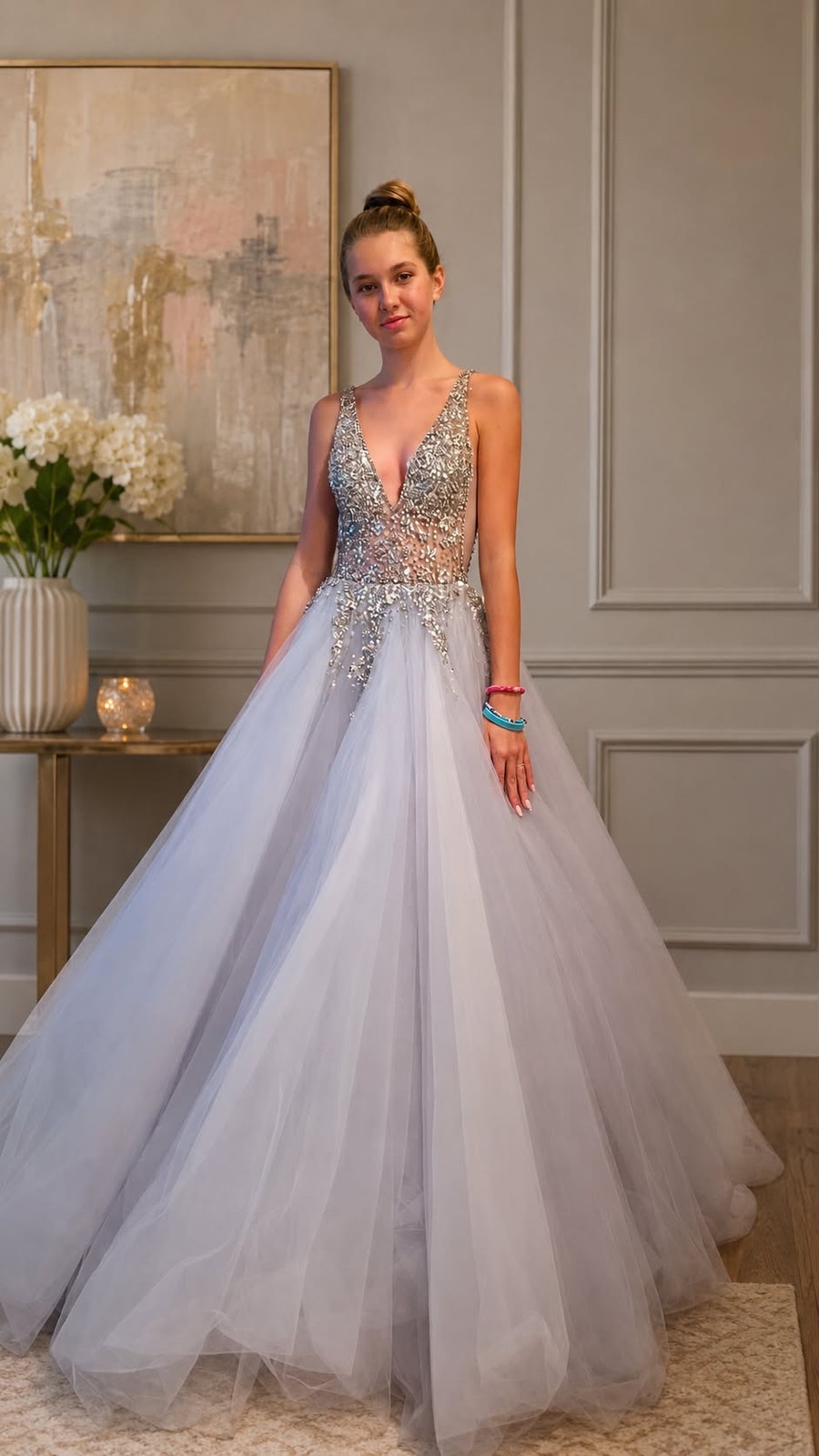 Jovani 65379 Silver Beaded Tulle Ball Gown Prom Dress Size 0 Formal